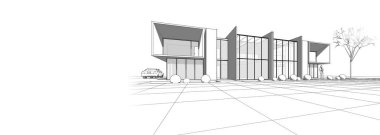 Modern ev mimarisi çizimi 3D illüstrasyon