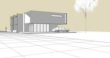 Modern ev mimarisi çizimi 3D illüstrasyon