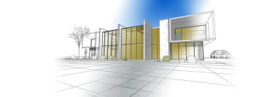 Modern ev mimarisi çizimi 3D illüstrasyon