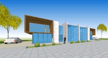 Modern ev mimarisi çizimi 3D illüstrasyon