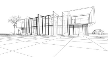 Modern ev mimarisi çizimi 3D illüstrasyon