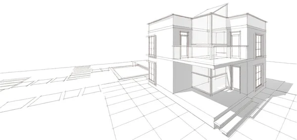 房屋建筑草图3D插图 — 图库照片