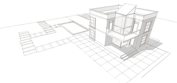 房屋建筑草图3D插图 — 图库照片