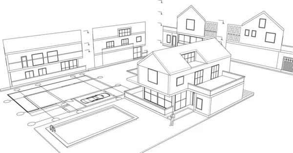 家の建築プロジェクトスケッチ3Dイラスト — ストックベクタ