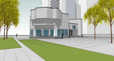 Şehir mimarisi çizimi 3D illüstrasyon