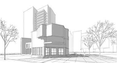 Şehir mimarisi çizimi 3D illüstrasyon