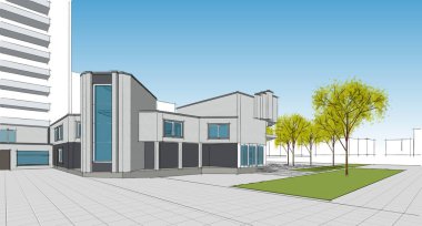 Şehir mimarisi çizimi 3D illüstrasyon