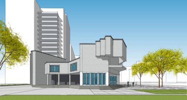 Şehir mimarisi çizimi 3D illüstrasyon