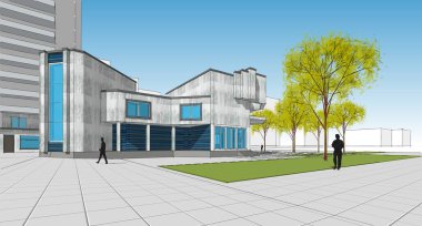 Şehir mimarisi çizimi 3D illüstrasyon