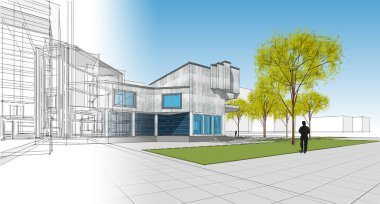 Şehir mimarisi çizimi 3D illüstrasyon