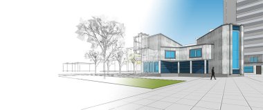 Şehir mimarisi çizimi 3D illüstrasyon