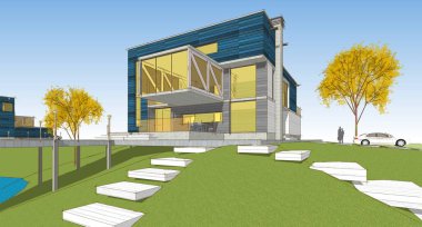 ev mimarisi çizimi 3d illüstrasyon