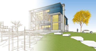 ev mimarisi çizimi 3d illüstrasyon