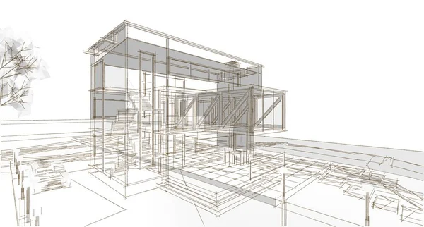 房屋建筑草图3D插图 — 图库照片