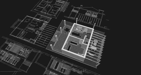 住宅平面图建筑概念3D渲染 — 图库照片