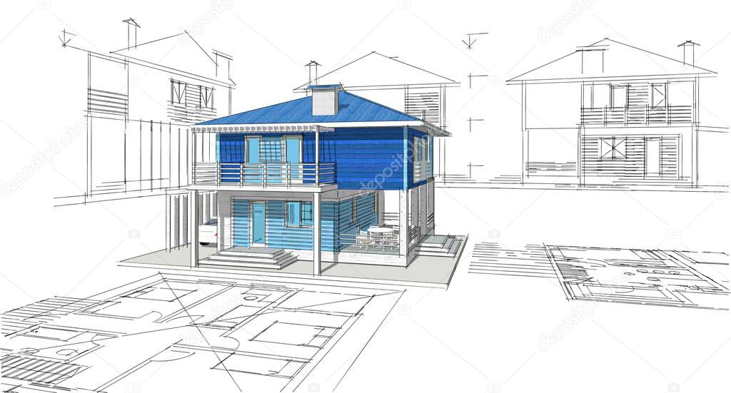 house plan architectural concept 3d rendering