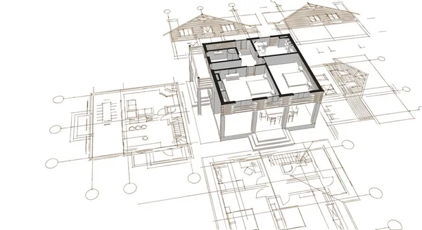 住宅平面图建筑概念3D渲染 — 图库照片