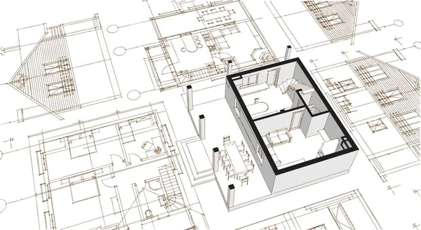 住宅平面图建筑概念3D渲染 — 图库照片