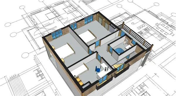 住宅平面图建筑概念3D渲染 — 图库照片