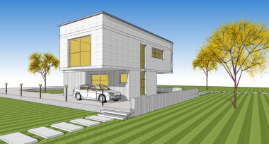 ev mimarisi çizimi 3d illüstrasyon