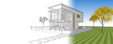 ev mimarisi çizimi 3d illüstrasyon