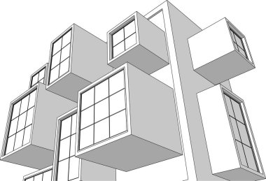 soyut modern mimari modüler cephe 3D illüstrasyon