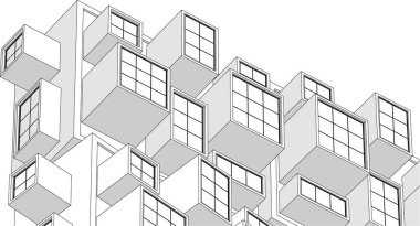 soyut modern mimari modüler cephe 3D illüstrasyon