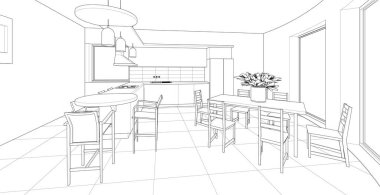 Mutfak tasarımı, 3 boyutlu illüstrasyon