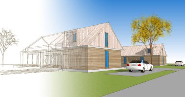 Modern evin çizimi, 3 boyutlu.