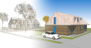 Proje çizimi olan modern ev