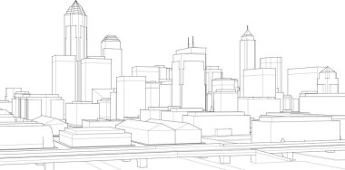 Şehrin 3 boyutlu illüstrasyonu ve neon çizgileri