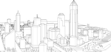 Modern şehir silüeti, 3 boyutlu illüstrasyon