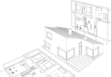 ev mimarisi çizimi 3 d illüstrasyon