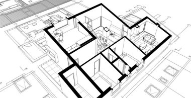 ev mimarisi çizimi 3 d illüstrasyon