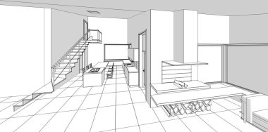 iç tasarım çizimi 3d illüstrasyon