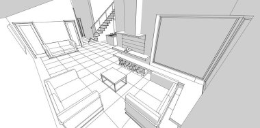 Modern ev mimari projesi çizimi 3 boyutlu illüstrasyon