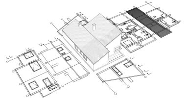 Modern ev mimari projesi çizimi 3 boyutlu illüstrasyon