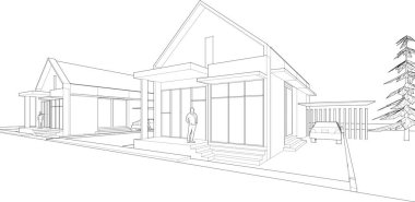 Mimari çizimi olan modern bir ev. 3 boyutlu resim.