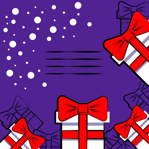 Noel kartı. Beyaz hediyeler, Doodle tarzı hediyeler mavi arka planda.
