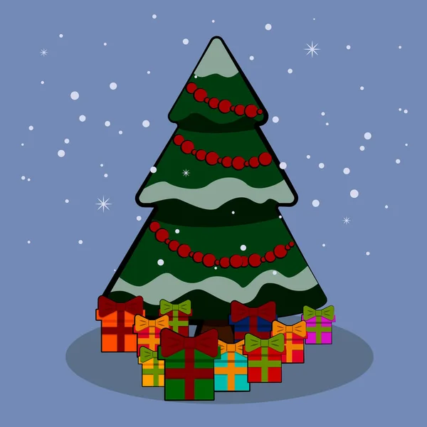 蓝色背景的圣诞树周围礼物的矢量图解 — 图库矢量图片