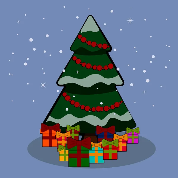 Mavi arka plandaki bir Noel ağacının etrafındaki hediyelerin temsilcisi.