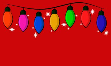 Kırmızı arka planda renkli fenerlerden oluşan Noel çelengi.