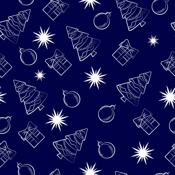 Noel hediyeleri, Noel ağaçları ve Doodle tarzı oyuncaklarla kusursuz vektör deseni..