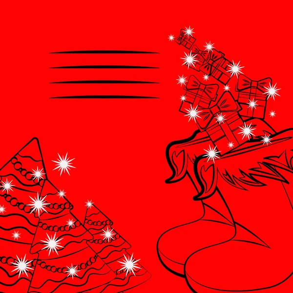 Karácsonyi Üdvözlőlap Egy Karácsonyi Zoknival Karácsonyfa Ajándékok Piros Háttér — Stock Vector