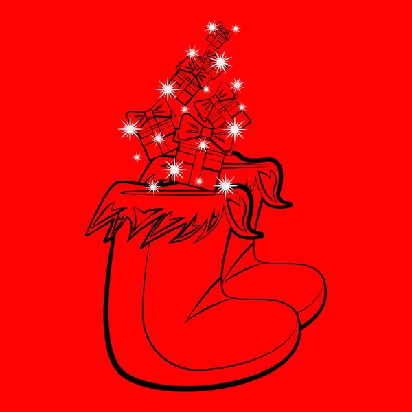 Kırmızı arka planda karalamalar şeklinde hediyeli Noel çorapları.
