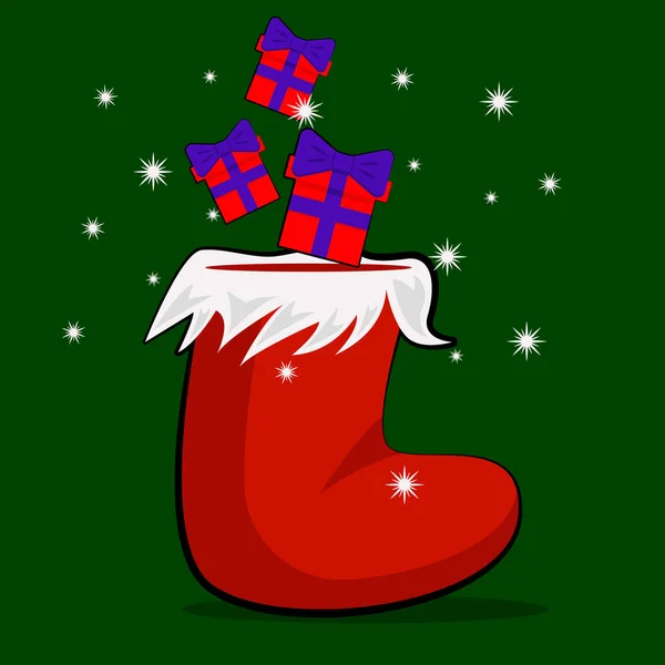 Kırmızı Noel çorabı, yeşil arka planda hediyeler..