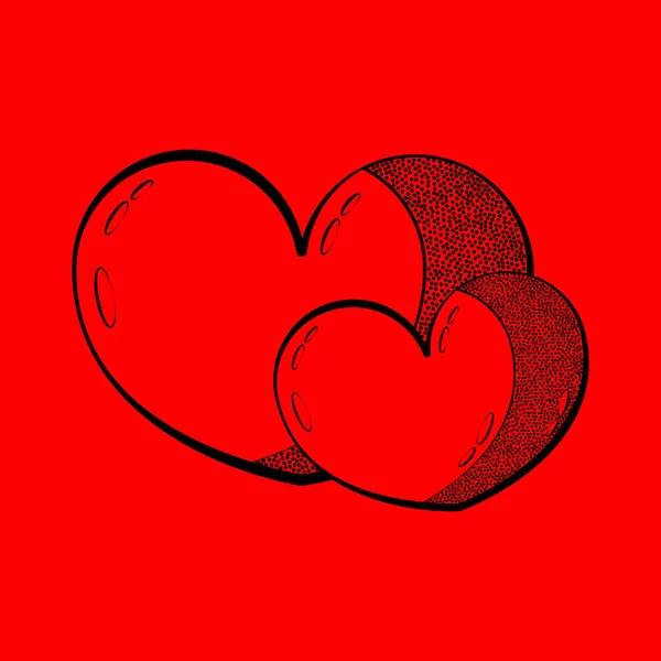 Zwei Herzen Doodle Stil Auf Rotem Hintergrund — Stockvektor