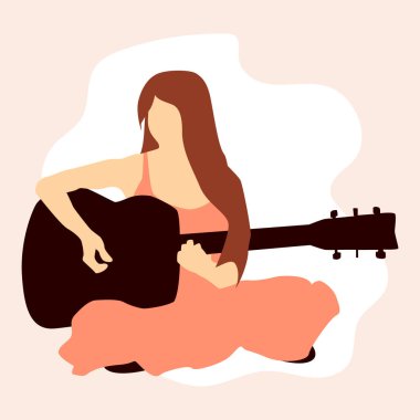 Akustik gitar çalan, pembe elbiseli, uzun saçlı bir kızın resmi. Düz stil. Hobi. Müzik mağazaları için uygun, tişört basmak için. Vektör.