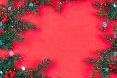 Kırmızı Rowan böğürtlenli Noel ağacı dalları, Baka, kırmızı arka planda fotokopi alanı olan kar, üst manzara. Noel ve yeni yıl için tebrik kartı. Güzel Noel arkaplanı.