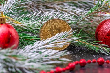 Bitcoin, kar, Noel topları ve ahşap arka planda boncukları olan bir ladin dalının arasında duruyor. Güzel Noel, kripto para birimiyle yeni yıl geçmişi.